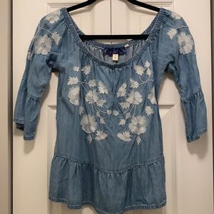 Francesca’s Denim Floral Off the Shoulder Top